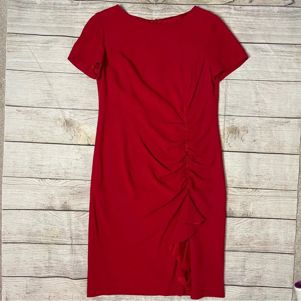 Moschino Cheap & Chic Red Ruched Sheath Dress With Ruffle Size 6